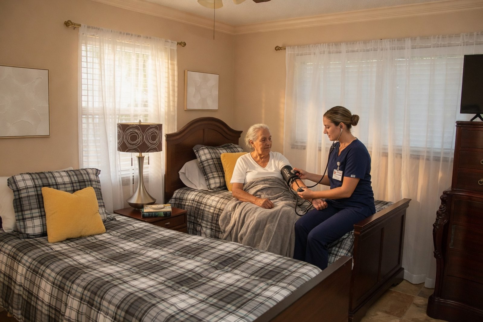 A licensed nurse visiting a resident in a home-like bedroom at Royal Palm Senior Residence.