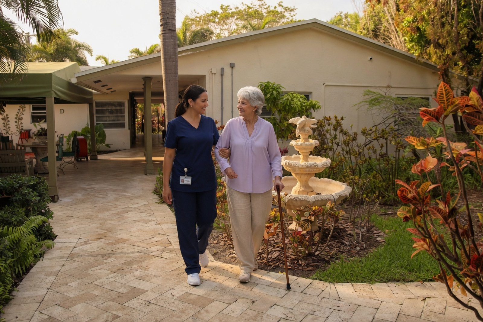 A caregiver walking with a resident through the courtyard garden at Royal Palm Senior Residence in Fort Lauderdale.