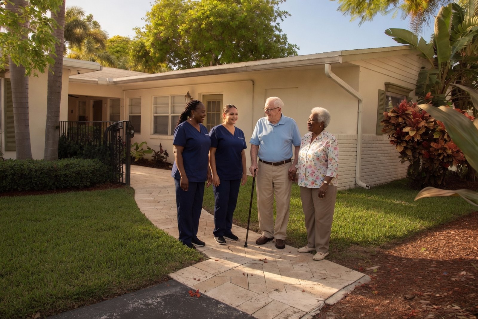 Care team greeting residents on the walkway at Royal Palm Senior Residence in Fort Lauderdale.
