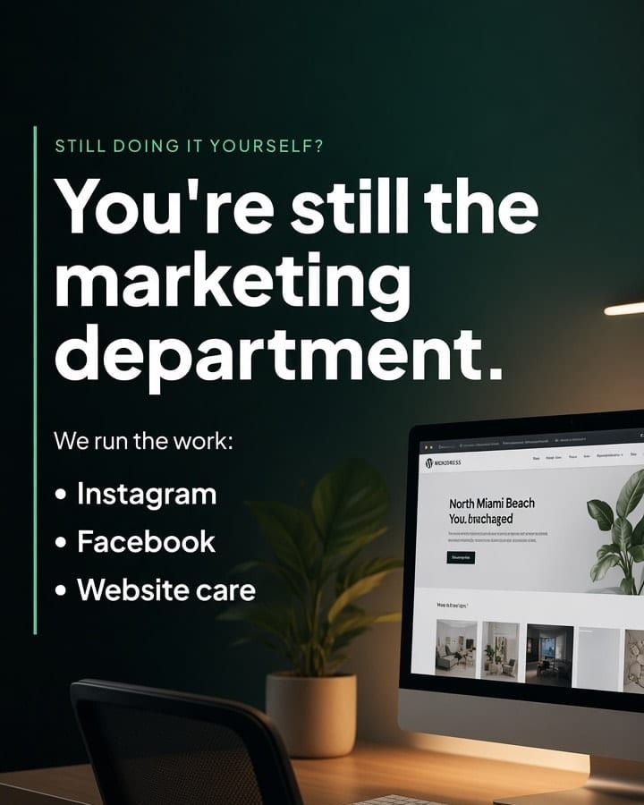 Modern workspace with desktop showing North Miami Beach website and potted plant